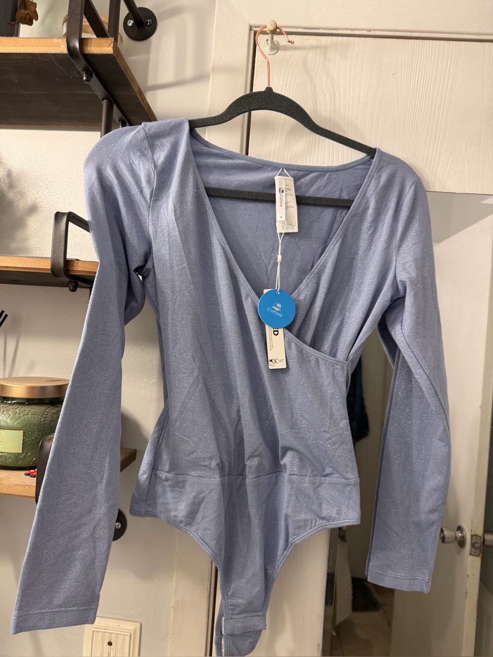 Cupshe Sparkle Wrap-Front Long Sleeve Bodysuit - Periwinkle
